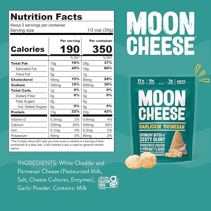 Moon Cheese Garlickin' Parmesan Cheese Bites, 2 Ounce, 3-Pack, Crunchy, Protein Rich Cheese Snack, 100% Real Cheese