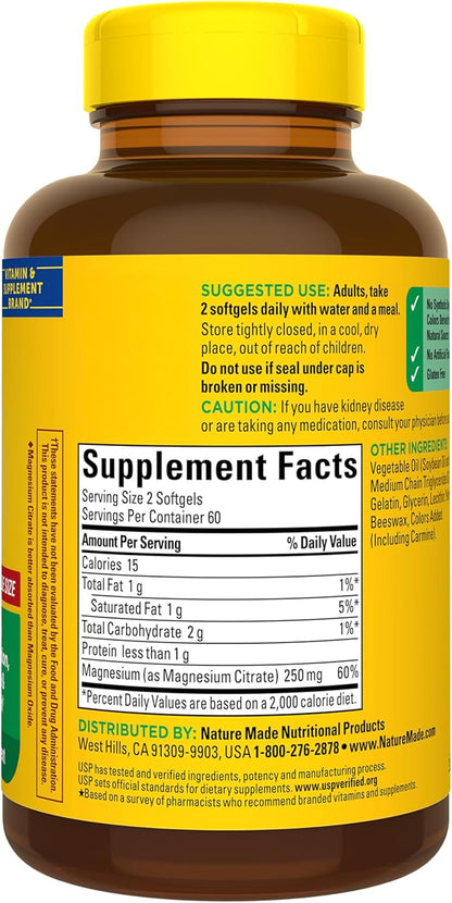 Nature Made Magnesium Citrate 250 mg per serving, Magnesium Supplements for Men and Women, Support for Muscle, Nerve, Bone and Heart, 120 Softgels, 60 Day Supply