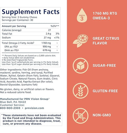Omega 3 Gummy Chewables - 90 Gel Chews, 30-Day Supply, Citrus Flavor - 1760mg Ultra-Pure rTG Omega 3 for Eye, Heart, Brain, Joint & Immune Health