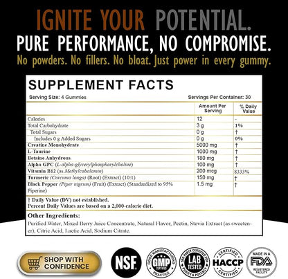Creatine Monohydrate Gummies for Men & Women - Sugar Free & Vegan Advanced Formula W/L-Taurine + Vitamin B12 - for Muscle Strength, Muscles Builder, Recovery (120 Count (Pack of 1), Mixed Berry)