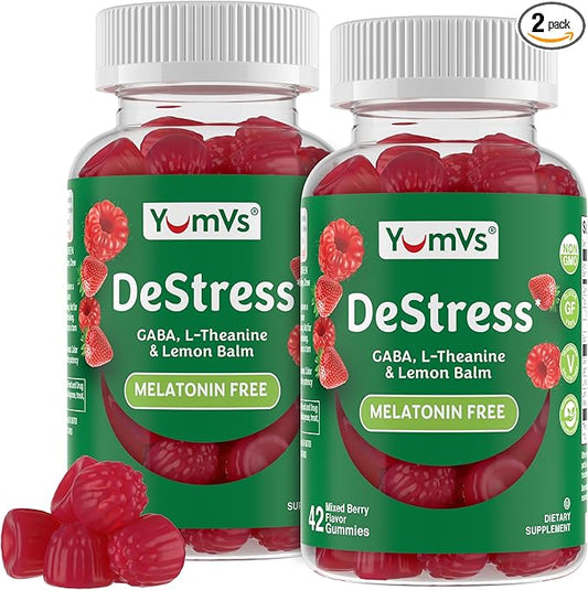 YumV's De-Stress Gummies with GABA, L-Theanine and Lemon Balm - Mixed Berry Flavor - Calming Gummies for Adults and Teens - Gluten Free Non-GMO Vegetarian Mood Support (42 Count (Pack of 2))