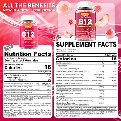 Methyl B12 Gummies 5000 mcg 10000 mcg w/L-Methylfolate, B6, D3 Vitamin C, Lion's Mane Mushroom, L-Theanine, CoQ10, Extra Strength Vitamin B12 Gummies Supplement - Energy, Focus, Brain & Immunity 1Pack