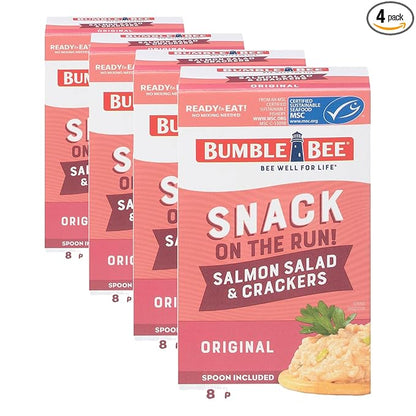 Bumble Bee Snack On The Run Salmon Salad with Crackers Kit - Ready to Eat Protein Snack Pack - 8g Protein per Box - Wild Caught MSC Certified Seafood (Pack of 4)