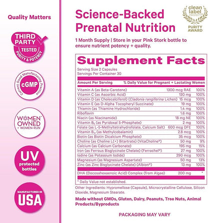 Pink Stork Total Prenatal Vitamins for Women | DHA, Folate, Iron, Choline, & Vitamin B12 | Preconception Nutrition | Prenatals for Women, Pregnancy Essentials | Doctor Formulated, 60 Count, Mint
