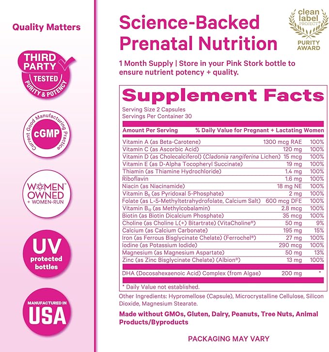 Pink Stork Total Prenatal Vitamins with DHA, Folate, Iron, Choline, and Vitamin B12 - Prenatals for Women to Support Fetal Development, Pregnancy Essentials, Berry Essence, 60 Capsules, 1 Month Supply