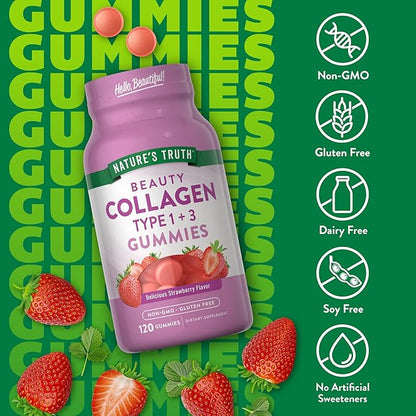 Nature's Truth Collagen Peptide Gummies for Women | 120 Count | Type 1 and 3 | Strawberry Flavor | Non-GMO & Gluten Free Supplement