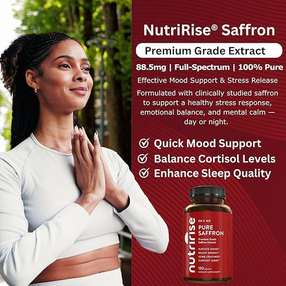 NutriRise Saffron Supplements 120 Capsules, 88.5mg Pure Extract - 4 Month Supply for Mood, Energy, Sleep, Stress & Cortisol Support - Non-GMO, Vegan & Gluten-Free for Women & Men