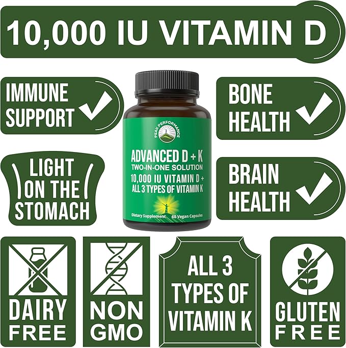 Peak Performance Advanced Vitamin D 10000 IU with All 3 Types of Vitamin K - 10,000 Vitamin D3 and Vitamin K2, K1, MK-7 (MK7), MK4 Capsules Supplement - 60 Small and Easy to Swallow Pills