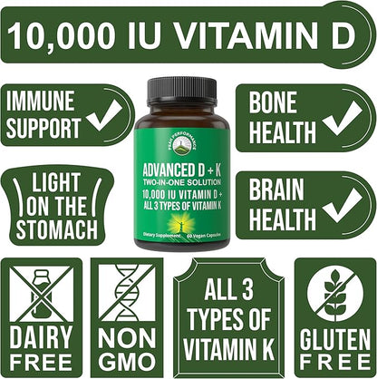 Peak Performance Advanced Vitamin D 10000 IU with All 3 Types of Vitamin K - 10,000 Vitamin D3 and Vitamin K2, K1, MK-7 (MK7), MK4 Capsules Supplement - 60 Small and Easy to Swallow Pills
