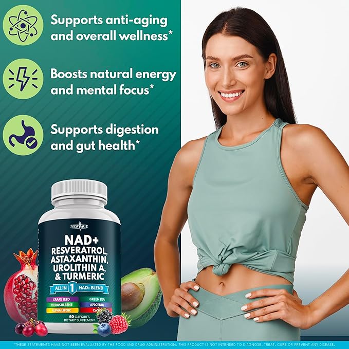 NEW AGE NAD+ Supplement - Astaxanthin, Urolithin A, Resveratrol, CoQ10 & Antioxidant Blend – Cellular Energy, Mitochondrial Support – Vegan, Non-GMO- 180 Count