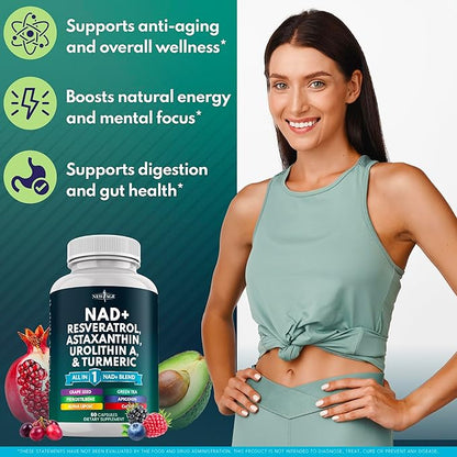 NEW AGE NAD+ Supplement - Astaxanthin, Urolithin A, Resveratrol, CoQ10 & Antioxidant Blend – Cellular Energy, Mitochondrial Support – Vegan, Non-GMO- 120 Count
