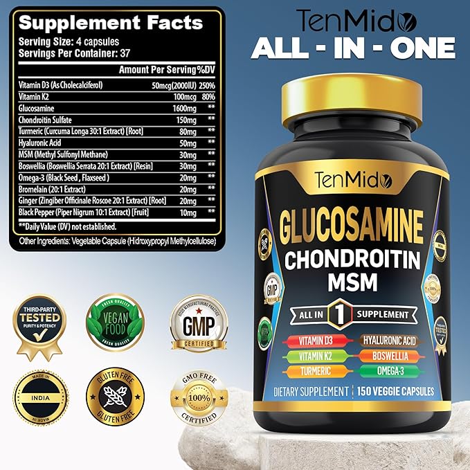 Glucosamine Chondroitin MSM Supplement - 12in1 Formula - Combine with Turmeric, Hyaluronic Acid, Boswellia, Omega-3, Bromelain, Ginger, and More - Joint Health Support - 150 Capsules
