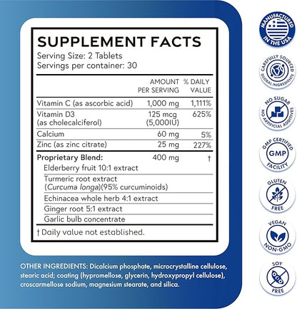 ILIVA-by-INDICAID 9-in-1 Immune Support Supplement: Daily Serving for Respiratory Immunity, Vitamin C, D3, Calcium, Zinc, Proprietary Herbal Elderberry+echinacea+Turmeric. 60 Tablets for 30 Days