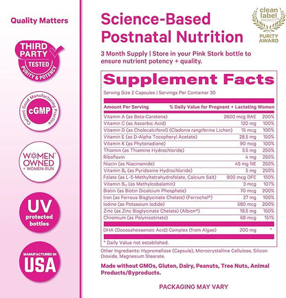 Pink Stork Total Postnatal Vitamins for Women with Vegan DHA, Iron, Folate, and Vitamin B12, Postpartum Recovery Essentials, Daily Supplement for Breastfeeding Moms - 3 Month Supply