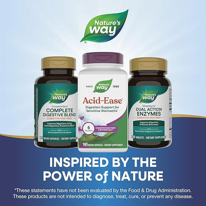 Nature's Way Acid Ease, Digestive Support Supplement for Sensitive Stomachs*, Marshmallow Root Extract, Slippery Elm Bark, Digestive Enzymes, 180 Vegan Capsules (Packaging May Vary)