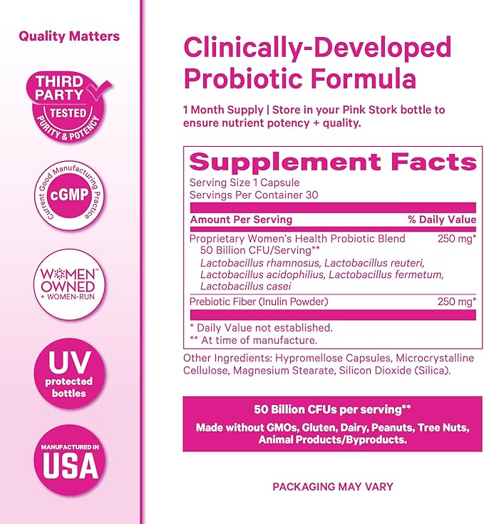 Pink Stork Women’s Health Probiotic, 50 Billion CFU | Clinically Studied Probiotics | Vaginal, Gut, Mood, & Hormone Balance | Yeast & Odor Support | Probiotic and Prebiotic Blend | 30 Vegan Capsules