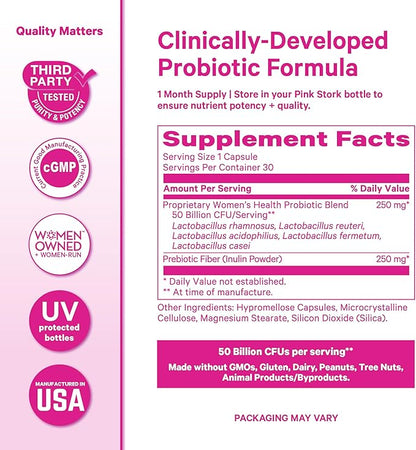 Pink Stork Women’s Health Probiotic, 50 Billion CFU | Clinically Studied Probiotics | Vaginal, Gut, Mood, & Hormone Balance | Yeast & Odor Support | Probiotic and Prebiotic Blend | 30 Vegan Capsules