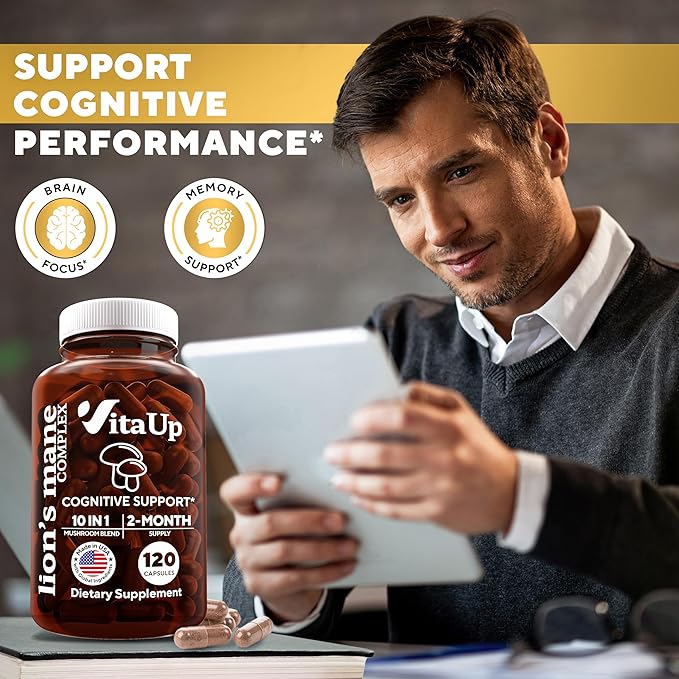 VitaUp Mushroom Supplement - USA Made 10 in 1 Mushroom Complex - Mushroom Capsules with Lions Mane, Cordyceps, Turkey Tail, Reishi, Shiitake for Cognitive & Immune Support - 120 Count