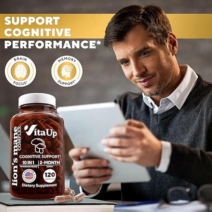 VitaUp Mushroom Supplement - USA Made 10 in 1 Mushroom Complex - Mushroom Capsules with Lions Mane, Cordyceps, Turkey Tail, Reishi, Shiitake for Cognitive & Immune Support - 120 Count