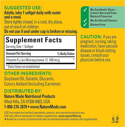 Nature Made Vitamin K2 100 mcg, Healthy Bone Supplements, Vitamin K2 Supplement, 30 Softgels, 30 Day Supply