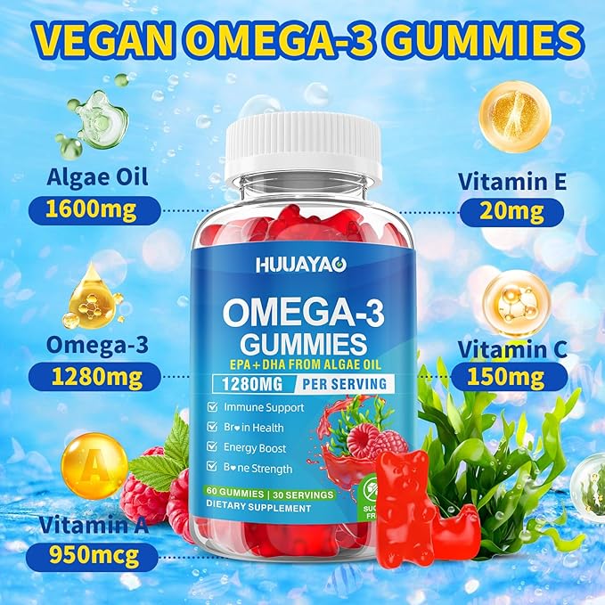 Vegan Omega-3 Gummies 1028mg, Omega 3 Fish Oil Alternative for Adults w/EPA 400mg & DHA 600mg & Vitamin A, C, E Supports Brain, Eye & Immune Health, Sugar Free, Raspberry Flavor, 120 Count