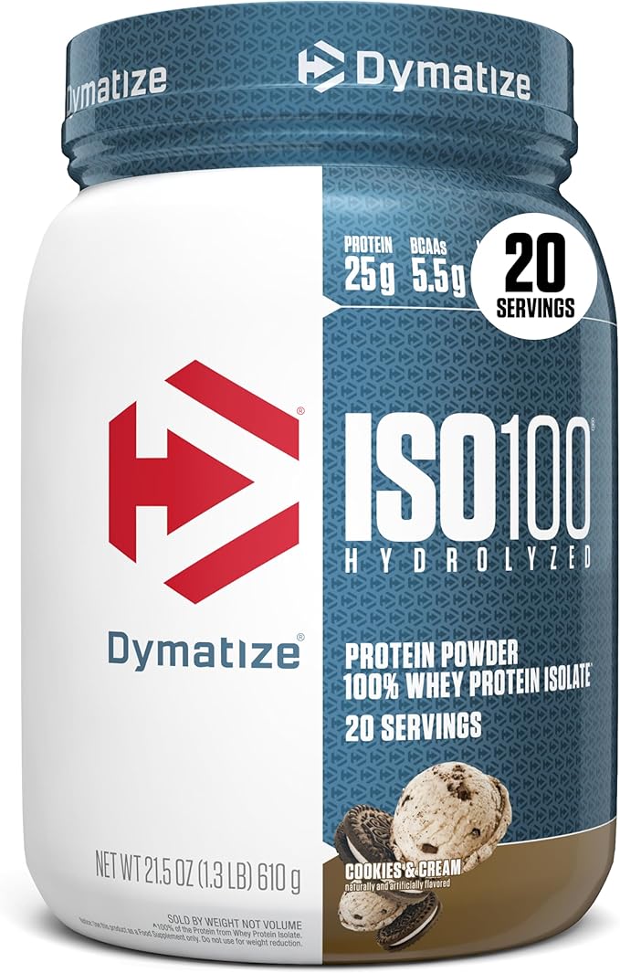 Dymatize ISO100 Whey Protein Powder Isolate, Cookies & Cream, 25g of Protein, 5.5g BCAAs, Less Than 120 Cal., Gluten Free, 1g Fat, 1g Sugar, 2g Carb (20 Servings)