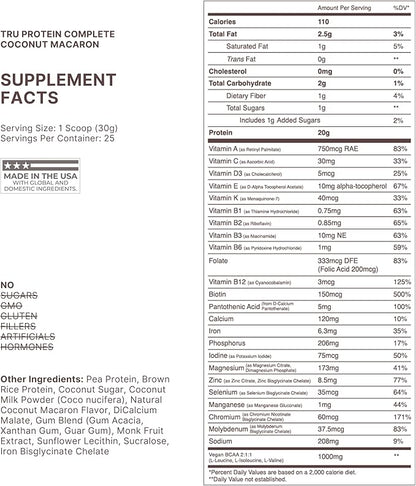 TRU Supplements Plant Based Protein Powder, BCAA, EAA, 20g Vegan Brown Rice & Pea Protein, 100 Calories, 27 Vitamins, No Artificial Flavors 25 Servings (Coconut Macaron)