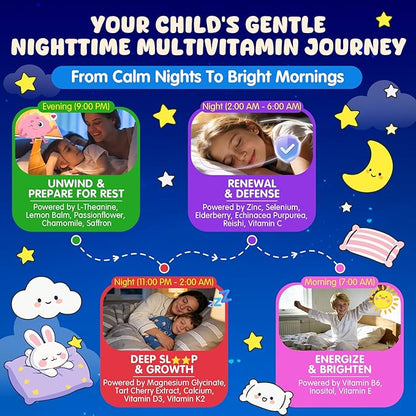 Kids 4+ Nighttime Multivitamin, Melatonin Free Sleep Aid Gummies w/Magnesium Glycinate, Saffron, L-Theanine, Calcium, Inositol, D3+K2, Zinc Supports Calm Mood, Brain, Bone & Immune, Sugar Free, 2 Pack