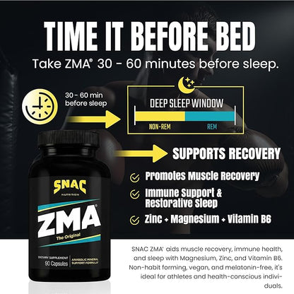 SNAC ZMA The Original Sleep & Recovery Supplement - Supports Muscle Recovery, Restful Sleep, Relaxation, Stress Relief and Immune Support with Magnesium, Zinc and Vitamin B6, 90 Veggie Capsules