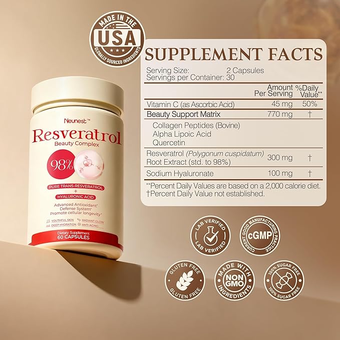 Resveratrol Supplement 98% High Purity Trans-Resveratrol Complex with Collagen Peptides & Hyaluronic Acid,Quercetin,Antioxidant Support for Skin & Beauty,Immune Health,Gluten-Free,60 Capsules