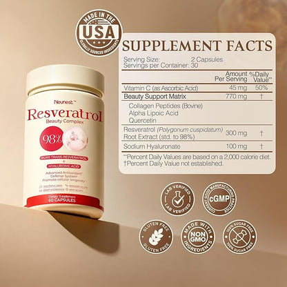 Resveratrol Supplement 98% High Purity Trans-Resveratrol Complex with Collagen Peptides & Hyaluronic Acid,Quercetin,Antioxidant Support for Skin & Beauty,Immune Health,Gluten-Free,60 Capsules