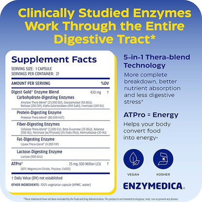 Enzymedica Digest Gold + ATPro, Maximum Strength Enzyme Formula, Fast-Acting, Helps Digest Large Meals, Prevents Bloating and Gas, 21 Capsules
