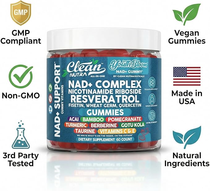 Youth Bloom NAD+ Supplement Gummies Resveratrol Fisetin Wheat Germ Berberine Taurine Turmeric Collagen Astaxanthin Nicotinamide Gotu Kola Pomegranate Vitamin C & E 60 Ct by Clean Nutra