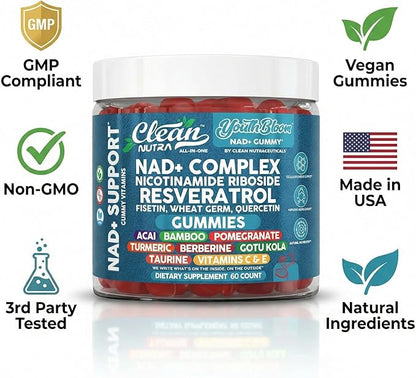 Youth Bloom NAD+ Supplement Gummies Resveratrol Fisetin Wheat Germ Berberine Taurine Turmeric Collagen Astaxanthin Nicotinamide Gotu Kola Pomegranate Vitamin C & E 60 Ct by Clean Nutra