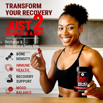 KEY ELEMENTS Recovery Tart Cherry Gummies with Vitamin D3 K2 5000 IU & Magnesium - Vitamin D3 K2 Gummies for Sleep, Bone & Immune Support - Non-GMO, Gluten-Free, Sugar-Free