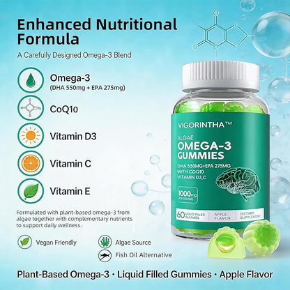 Vegan Omega 3 Gummies 1000mg with Coq 10, Vitamin D3,E,C,Omega 3 Fish Oil Alternative for Adults, Plant Based DHA 550mg & EPA 275mg for Brain, Mobility, Eye, Sugar Free, 60 Count