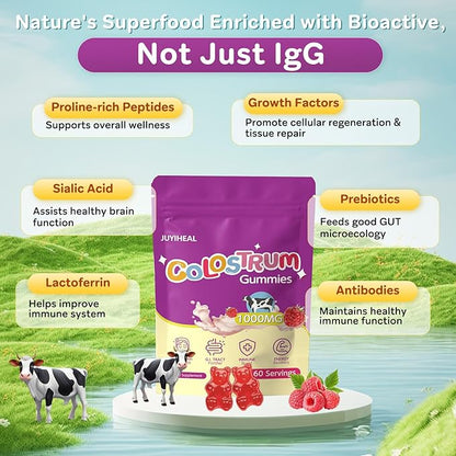 Colostrum Gummies, 1000 mg Grass Fed Colostrum Chews Colostrum Supplement for Gut Health, Hair Growth, Beauty, and Immune Support, Raspberry Flavor 60 Servings