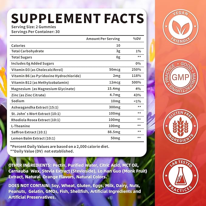 Saffron Gummies for Adult Kids, 10-IN-1 Saffron Supplements with Saffron Extract 88.5 mg, Vitamin D3, B6, B12, L-Theanine, St. John's Wort, Ashwagandha for Mood, Focus, Calm, Melatonin-Free, 60 Count