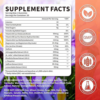 Saffron Gummies for Adult Kids, 10-IN-1 Saffron Supplements with Saffron Extract 88.5 mg, Vitamin D3, B6, B12, L-Theanine, St. John's Wort, Ashwagandha for Mood, Focus, Calm, Melatonin-Free, 120 Count