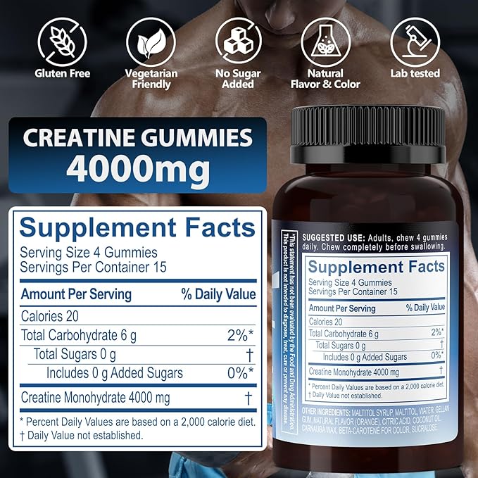 Biobor Creatine Monohydrate Gummies 4000mg for Men & Women, No Sugar Added, Chewable Creatine Supplement for Energy Boost, Muscle Strength, Vegetarian-Friendly, Gluten Free (Orange, 60 Count)