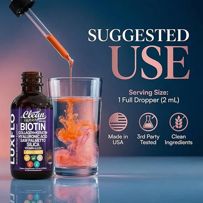 Liquid Biotin & Collagen Keratin Hyaluronic Acid Saw Palmetto Drops Vitamins for Hair Growth Support Silica Vitamin A C D Bamboo Turmeric Zinc Folate Magnesium Horsetail LuxFlo By Clean Nutra