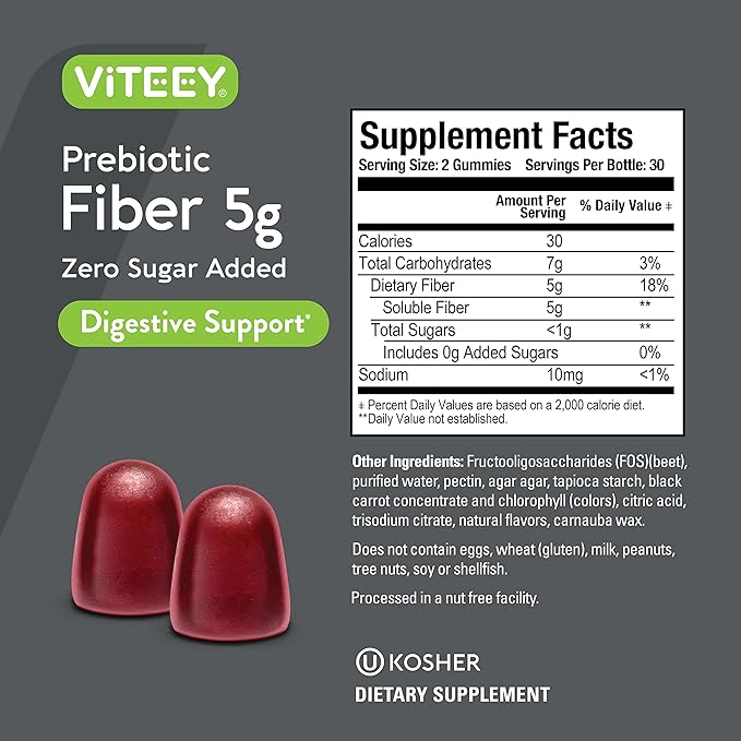 Viteey Prebiotic Fiber Gummies for Adults, 5g - Gut Health & Digestive Soluble Fiber Supplement Gummies - Zero Sugar Added, Vegan, Gluten-Free - 120 Count