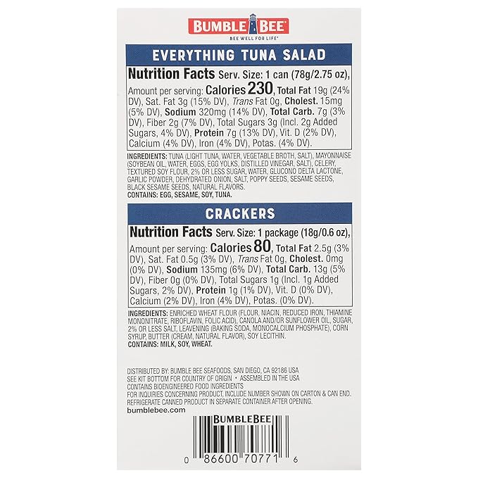 Bumble Bee Snack On The Run Everything Bagel Seasoning Tuna Salad With Crackers Kit, 3.35 oz - Ready To Eat, Spoon Included - Wild Caught Tuna - Shelf Stable & Convenient Protein Snack (Pack of 4)