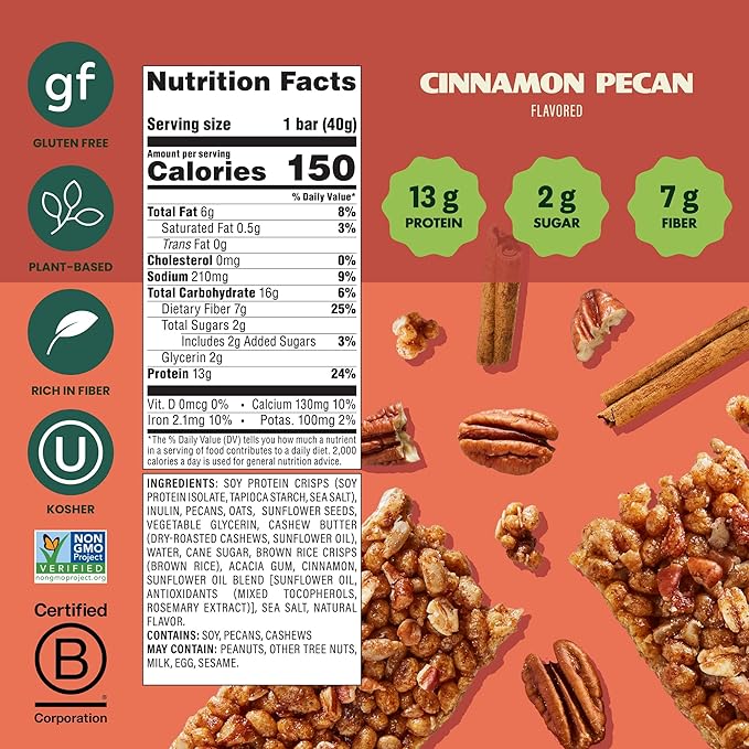 Simply Protein - Cinnamon Pecan Crispy Bars - Plant Based Protein Bars - Low Carb, Low Sugar, High Fiber - 13g Protein, 2g Sugar, 7g Fiber - Vegan, Gluten Free, Non GMO, Kosher - 12 Bars