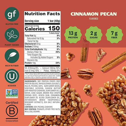 Simply Protein - Cinnamon Pecan Crispy Bars - Plant Based Protein Bars - Low Carb, Low Sugar, High Fiber - 13g Protein, 2g Sugar, 7g Fiber - Vegan, Gluten Free, Non GMO, Kosher - 12 Bars