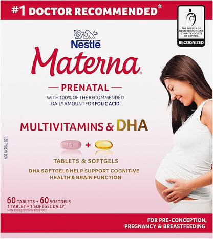 NESTLÉ Materna Prenatal Multivitamin with DHA Supplement | Folic Acid | 60 tablets + 60 DHA soft gels