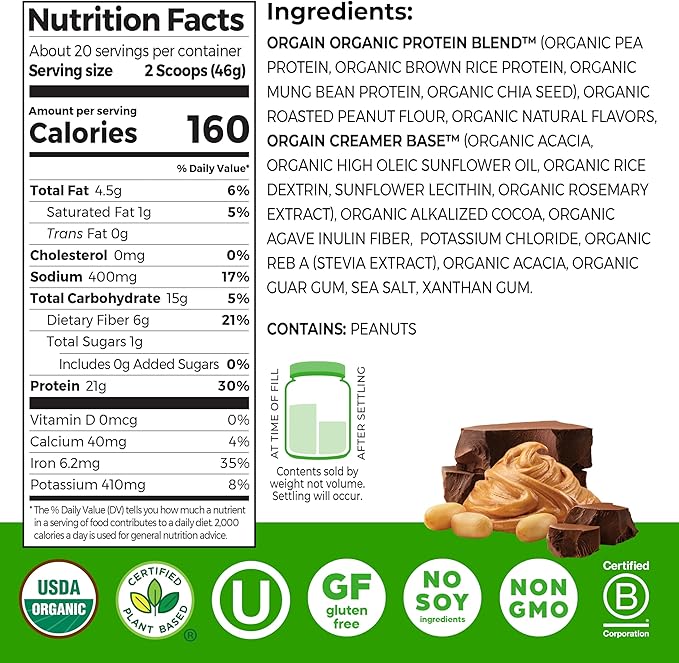Orgain Organic Vegan Protein Powder, Chocolate Peanut Butter - 21g Plant Protein, 6g Prebiotic Fiber, Low Net Carb, No Lactose Ingredients, No Added Sugar, Non-GMO, For Shakes & Smoothies, 2.03 lb