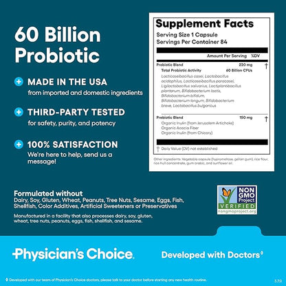 Physician's CHOICE Probiotics 60 Billion CFU - 10 Strains + Organic Prebiotics - Immune, Digestive & Gut Health - Supports Occasional Constipation, Diarrhea, Gas & Bloating - for Women & Men - 84ct