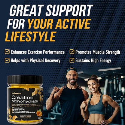 musebeam Creatine Monohydrate 5000mg Supplement Gummies - with L-Taurine Betaine Anhydrous Alpha-GPC BCAA 2:1:1 - Sugar-Free Gluten Free for Men Women