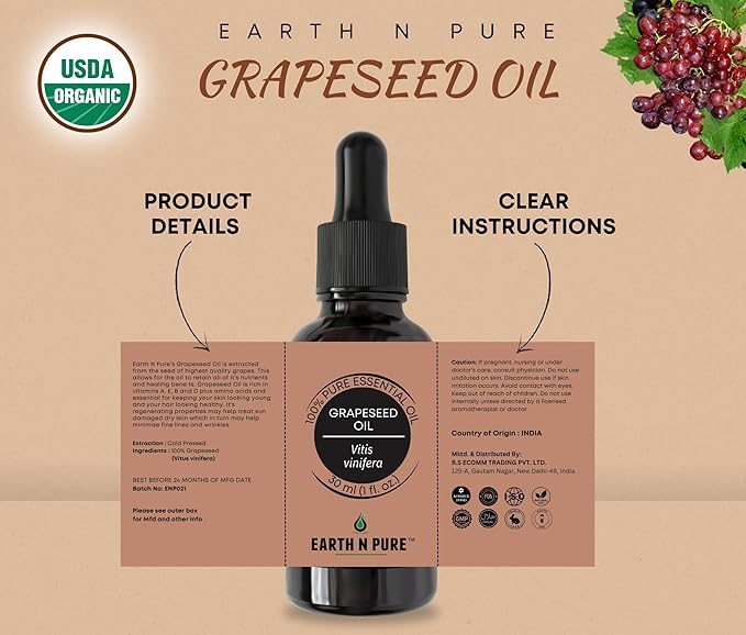 Earth N Pure Grapeseed Oil Cold Pressed, Natural and Therapeutic Grade 15 ML